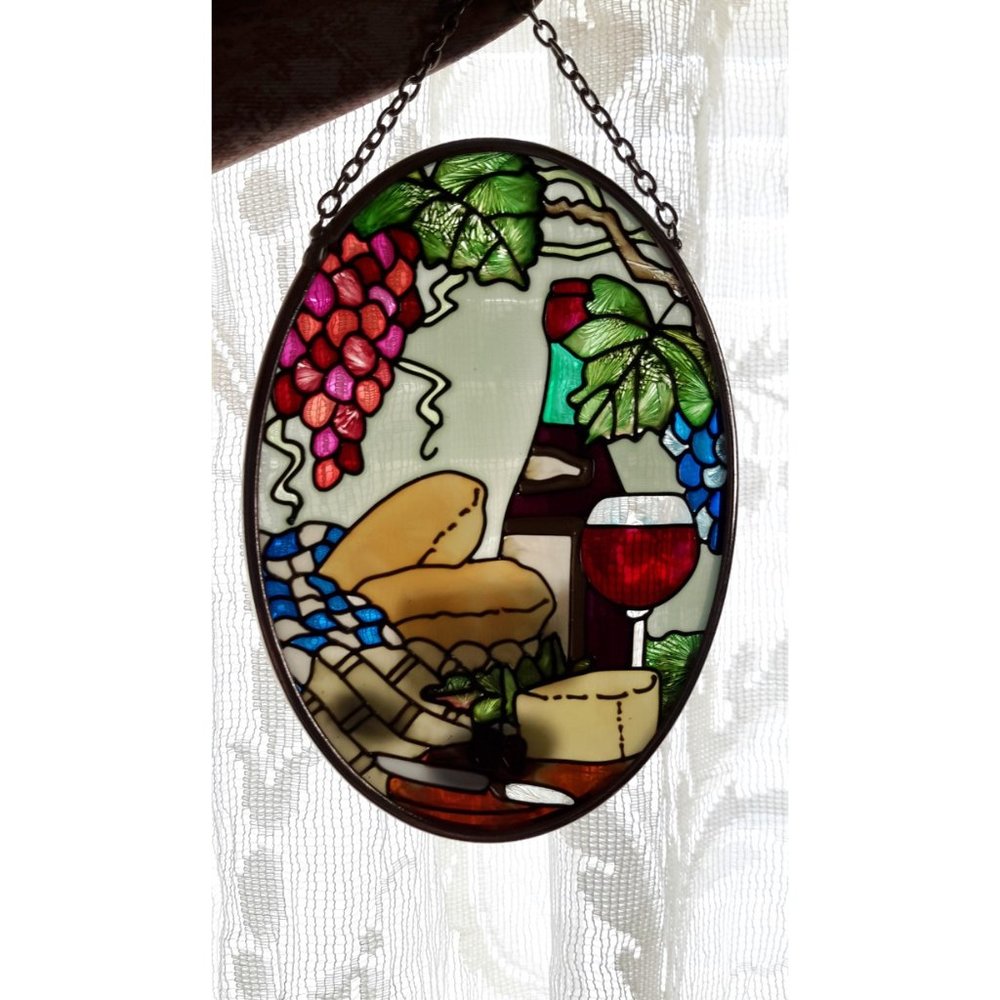 Wine🍷 and Cheese🧀 Handpainted Glass Suncatcher☀ by Joan Baker Designs ✨